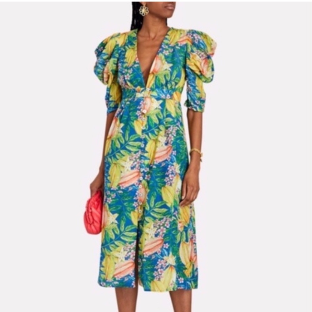 FARM Rio Teal Tropical Midi Dress with Yellow & Pink Leaf Print